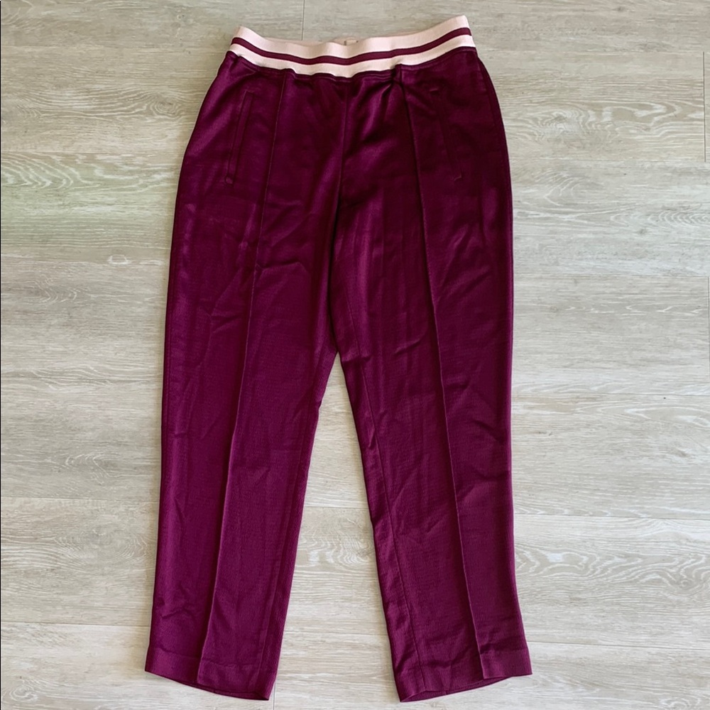 NWT, Aritzia, Little Moon, Burgundy Trousers with beige Waistband. Size L.